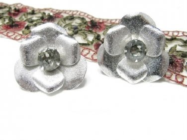 1950s Clip Earrings Silver Flower Black Diamond Rhinestone Rhodium Sarah Coventry Blossom