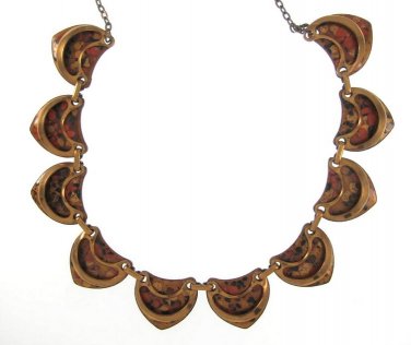 Matisse Renoir Copper Necklace 27.5 Retro Mod Enamel Speckled Orange Black Red Vintage Jewelry