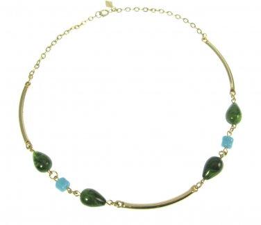 Sarah Coventry Gold Tone Jade Necklace Turquoise Bead 1970s Oriental Mood Vintage Jewelry