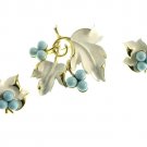 Leaf Brooch Pin Earrings Coventry White Enamel Robins Egg Blue Gold 60s Fashion Jewelry Vintage