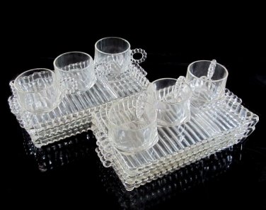 Hazel Atlas Snack Set Boopie Orchard Lunch Beads Ribs 6 Plates Cups Beaded Glass 1950s