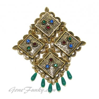 Coventry Antique Gold Brooch Rhinestone Jade Eastern Vintage Retro Jewelry Temple Lite 60s