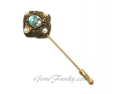 Antique Gold Stick Pin Hat Coventry Turquoise Pearl Remembrance Lapel Vintage Retro Jewelry
