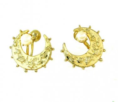 Gold Crescent Vintage Earrings Pearls Relief Leaf Vine Flower Screw Back