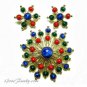 Gold Starburst Brooch Pin Earrings Sarah Coventry Atomic Red Green Blue Carnival 70s