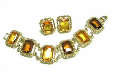 Amber Honey Rhinestone Bracelet Earrings Gold Rope 70s Coventry Large Chunky Jewelry Set