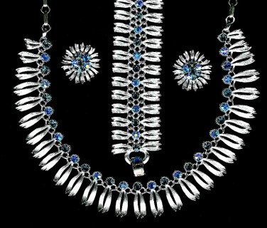 Lisner Rhinestone Necklace Earrings Bracelet AB Blue Silver Retro Mod Fashion Designer Parure