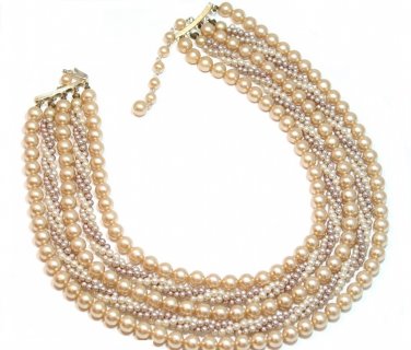 Vintage Faux Pearl Necklace Bib Cleopatra Multi Strand Rope Antique Gold Japan Fashion Jewelry