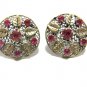 Vintage Rhinestone Earrings Rose Pink Czech Art Nouveau Antique Gold Flower Leaf Screw Back