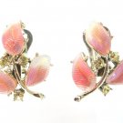 Vintage Clip On Earrings Frosted Glass Coral Pink Gold Flower Yellow Rhinestones Retro Mod Jewelry