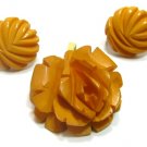 Carved Bakelite Flower Pendant Earrings Butterscotch Mustard Vintage Retro Mod Jewelry