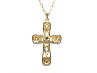 Solitude Gold Cross Pendant Necklace Vintage Red Crystal Sarah Coventry Open Work 1980
