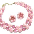 Lisner Vintage Bead Necklace Clip Earrings Pink Rose Double Strand Nugget Chunky Designer Jewelry