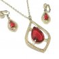Scarlet Red Teardrop Pendant Necklace Earrings Glass Gold Sarah Coventry 70s vintage Jewelry Set