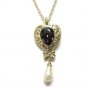 Amethyst Rhinestone Neckleace Heart Pendant Gold Pearl Drop Victorian 1987 Avon Art Nouveau