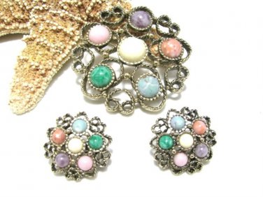 Antique Gold Brooch Pin Earrings Colorful Pastel Pink Purple Green Heart Coventry 70s