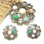 Antique Gold Brooch Pin Earrings Colorful Pastel Pink Purple Green Heart Coventry 70s