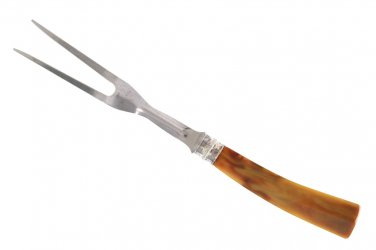 Bakelite Handle Meat Fork Carving Stainless Steel Butterscotch Brown Marble Vintage Kitchenware
