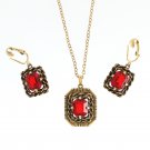 Vintage Jewelry Set Red Rhinestone Antique Gold Necklace Earrings Coventry Majorca