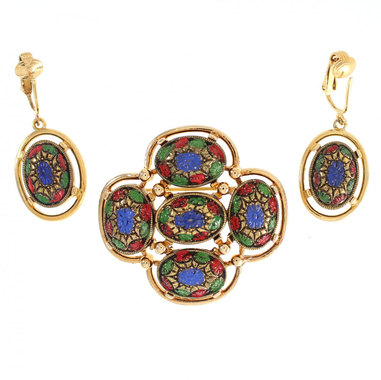 Sarah Coventry Enamel Brooch Earring Set 1968 Gold Blue Green Red Dome ...