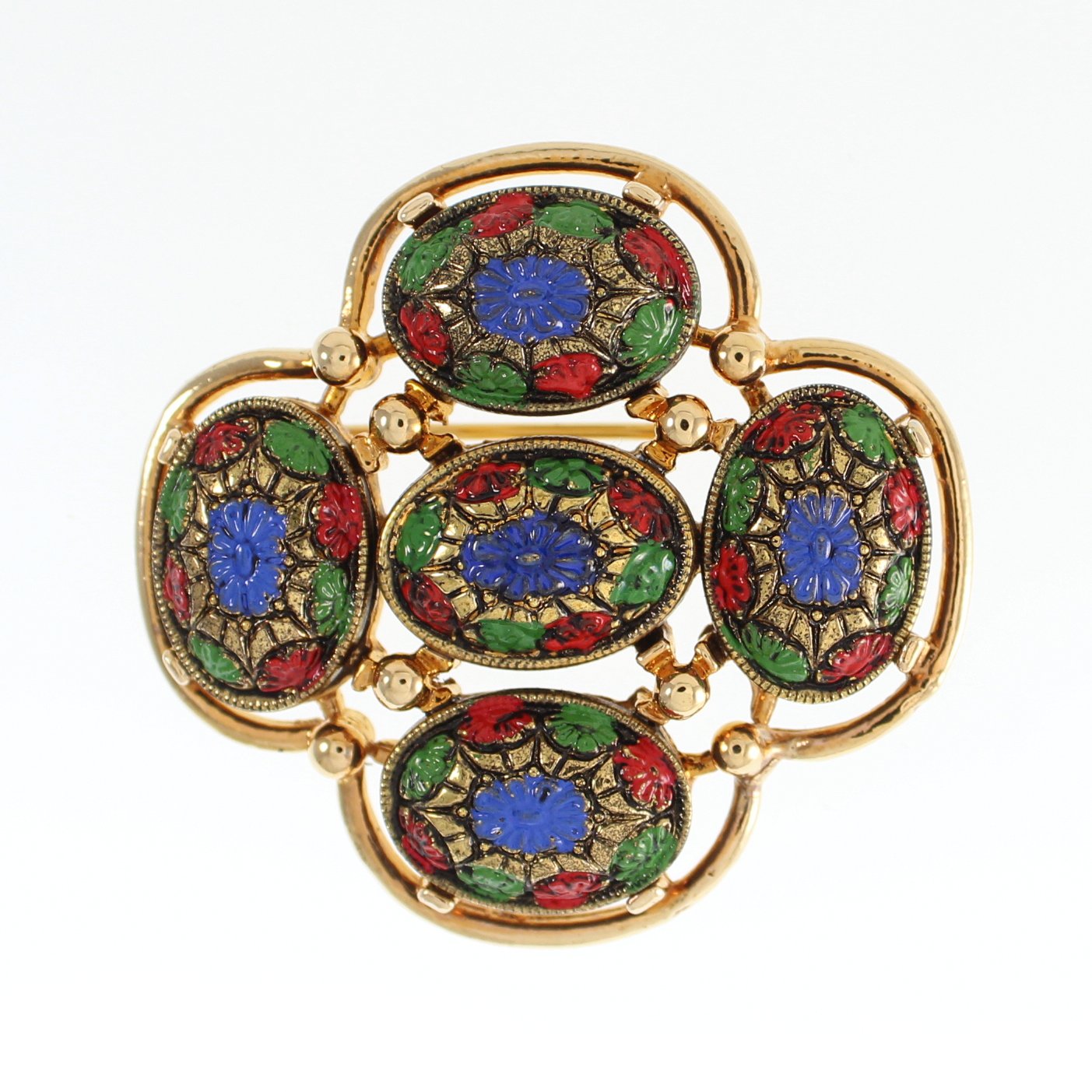 Sarah Coventry Enamel Brooch Earring Set 1968 Gold Blue Green Red Dome