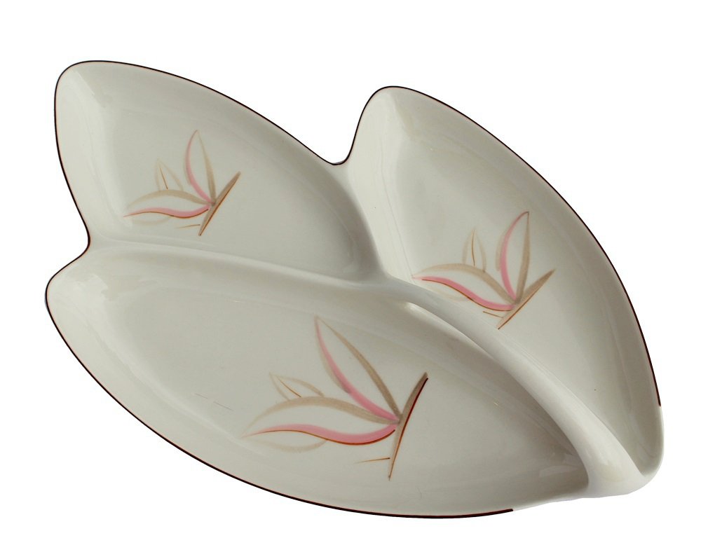 Dragon Flower Vintage Pottery 3 Part Serving Tray Winfield USA 1949 Handle Natural Pink Brown