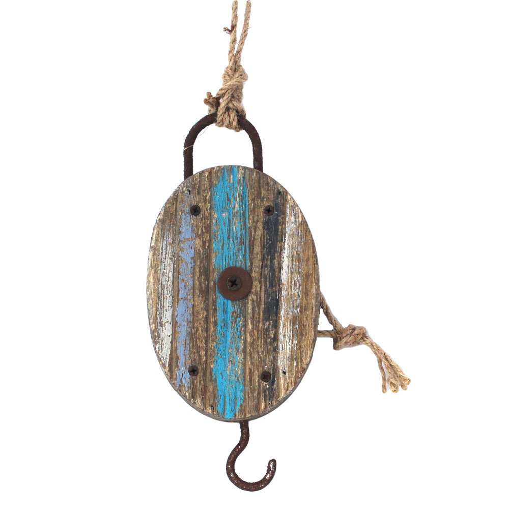 Nautical Pulley Reclaimed Wood Distressed Coastal Decor Rustic Lake Blue White