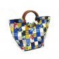 Vintage Wood Handle Handbag Patchwork Printed Gingham Purse Blue Yellow Red Rose