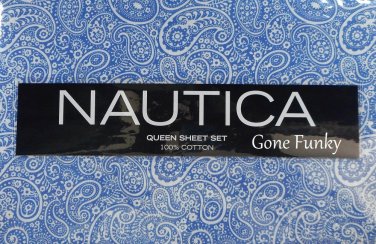 Nautica Queen Sheet Set Blue White Paisley La Plata Soft Cotton 300 Ct Bedding