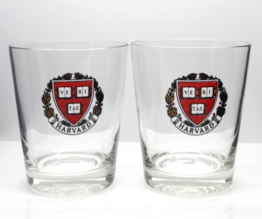 Harvard University Bar Glasses Veritas Logo Drink Beverage Club Barware Set 2