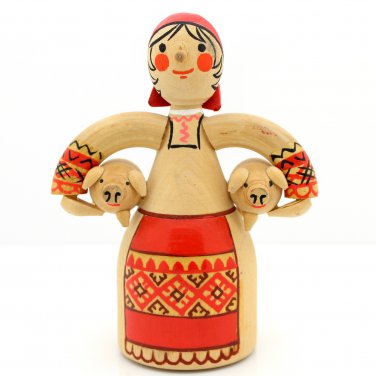 Wooden Doll Russian Woman Figurine Holding Pigs Farm Folk Art Vintage Carved Novelty