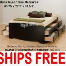 Black QUEEN SIZE PLATFORM STORAGE BED 12 DRAWER DRESSER SUITE
