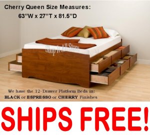Cherry QUEEN SIZE PLATFORM STORAGE BED 12 DRAWER DRESSER SUITE