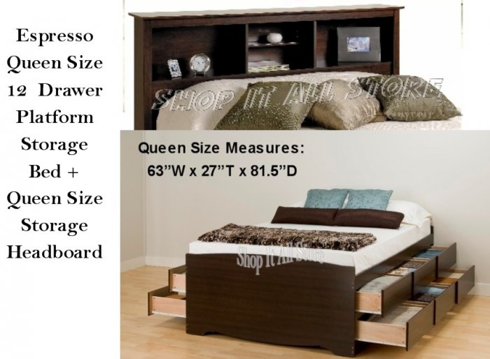 Espresso Queen Size 12 Drawer Platform Storage Bed + Queen 