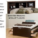Espresso Queen Size 12 Drawer Platform Storage Bed + Queen Bookcase Storage Headboard