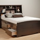 Espresso Queen Size 12 Drawer Platform Storage Bed + TALL Queen Bookcase Storage Headboard