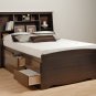 Espresso Queen Size 12 Drawer Platform Storage Bed + TALL Queen Bookcase Storage Headboard