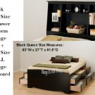Black Queen Size 12 Drawer Platform Storage Bed + TALL Queen Bookcase Storage Headboard