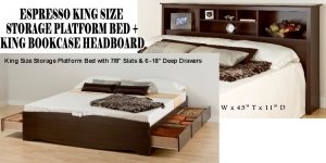 Espresso King Size 6 Drawer Platform Storage Bed + King Bookcase Storage Headboard