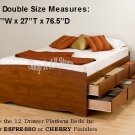 Cherry Tall 12 Drawer Double / Full Size Platform Storage Bed w/ Built in Dresser