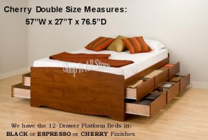 Cherry Tall 12 Drawer Double / Full Size Platform Storage Bed w/ Built in Dresser