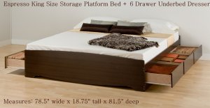 Espresso King Captains Platform Storage Bed w/ 6 Drawer Dresser Chest Underbed