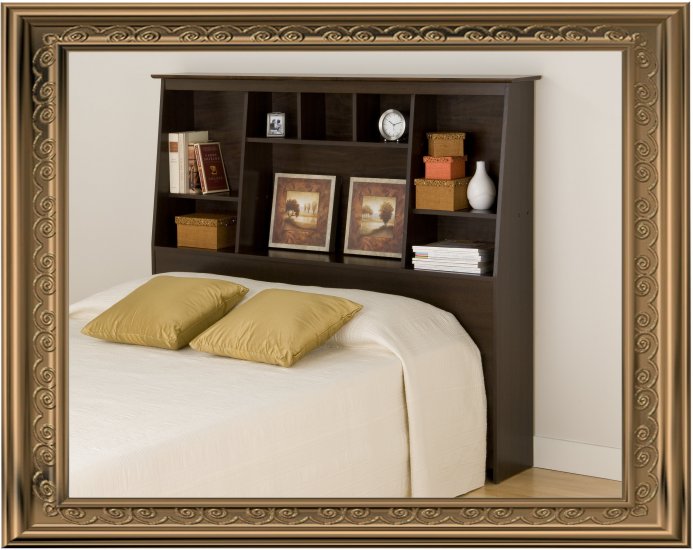 Espresso Queen / Double / Full Size Bed Tall Slanted Storage Bookcase