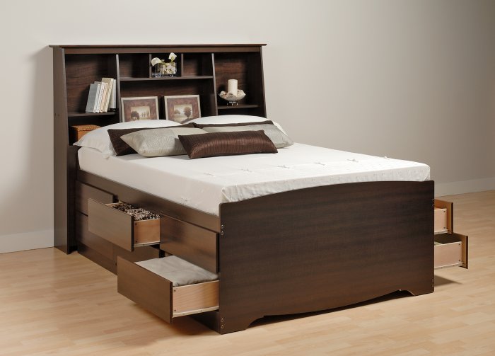 Espresso Queen / Double / Full Size Bed Tall Slanted Storage Bookcase