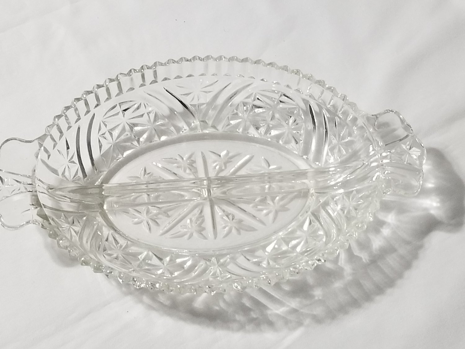 .Anchor Hocking Clear Crystal Glass Stars & Bars 2 Part Relish Dish