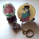 Oriental Egg with stand, Cloisonne Bell Keychain, and Lustre Plate