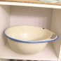Enamelware Cream and Blue Bowl with Handle Retro Kitchen or Bathroom Decor