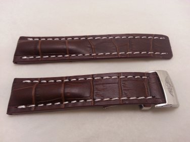 22mm Dark Brown Leather/White Stitch Strap w/ Clasp for Breitling