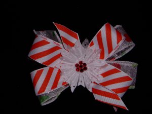 Med. Candy Cane Stripe/Polka Dot Christmas Layered Side by Side Bow w/Snowflake Flower Center