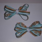 Small Mint Green/Chocolate/Tangerine Layered Side by Side Pigtail Bows (Set of 2)